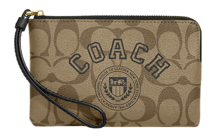 

COACH Сумка-клатч из парусины с покрытием на молнии и кожей, женская, цвета хаки, маленького размера