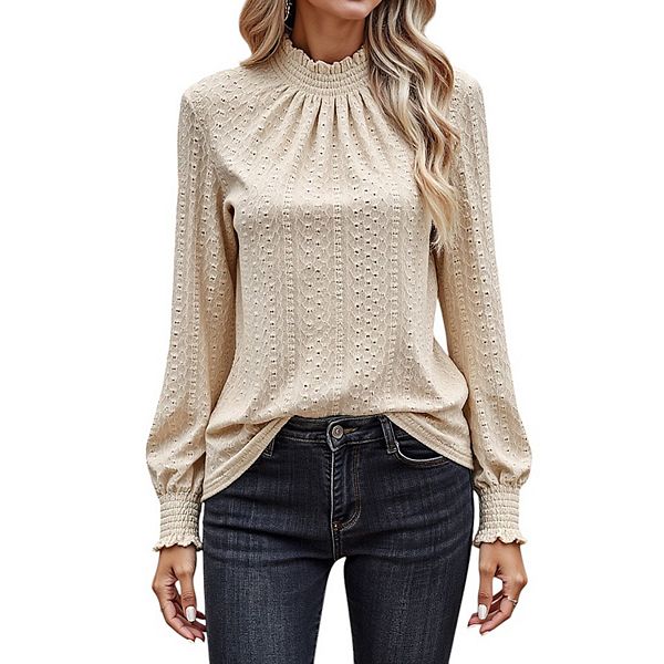 

Женская блуза с длинными рукавами, фактурной тканью, сборками на горловине и манжетами Anna-Kaci, Light Beige