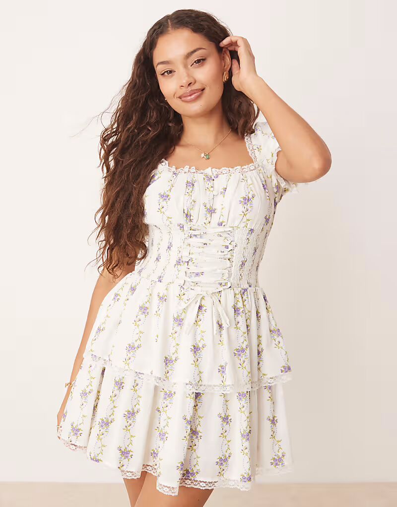 

Корсетное мини-платье Miss Selfridge Petite с синим обоями и цветочным принтом