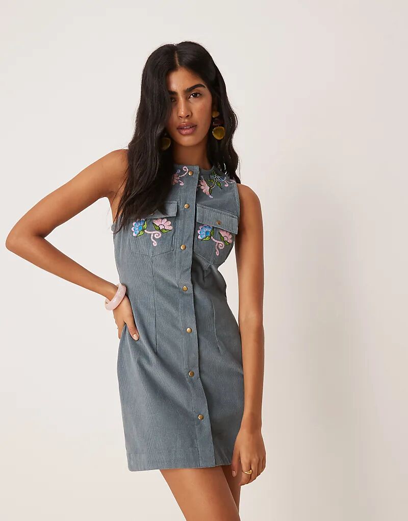 

Вельветовое мини-платье с вышивкой ASOS DESIGN синего цвета