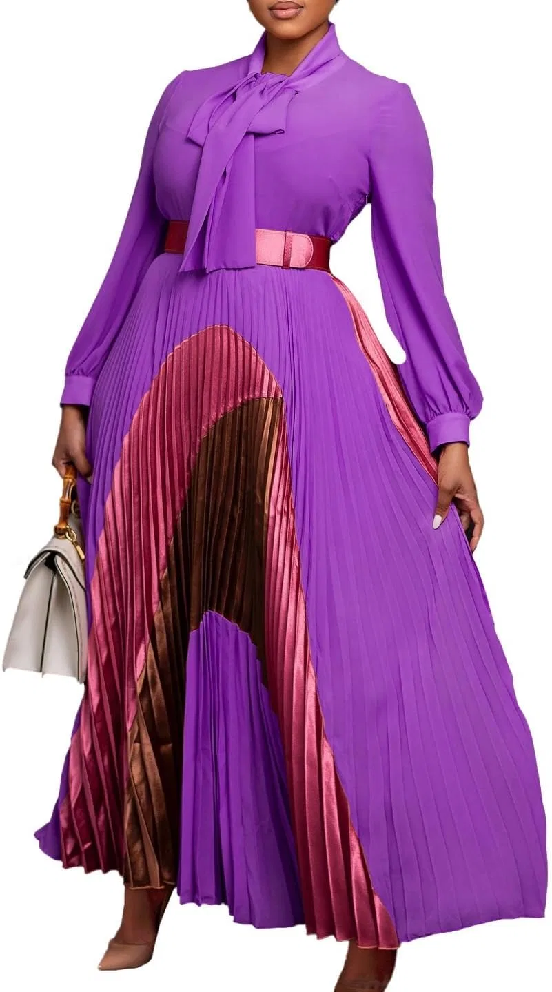 Женское цветное платье-рубашка с бантом A-line Maxi, Purple