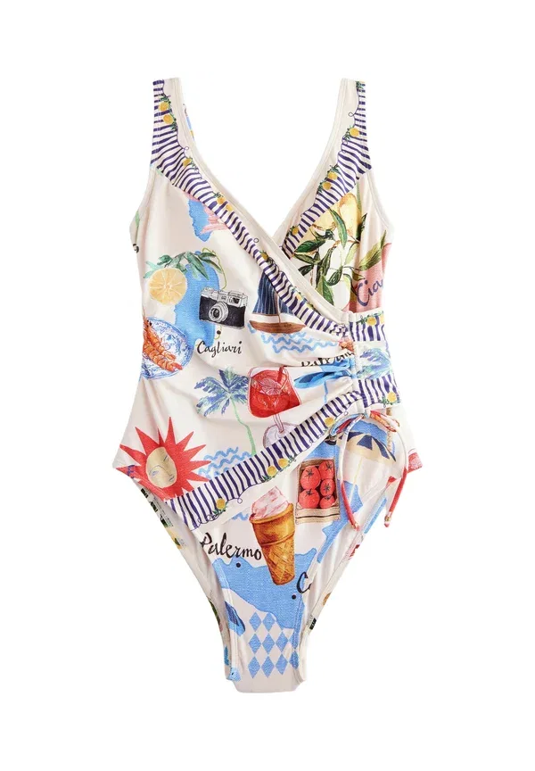 Купальник слитный с контролем живота Tummy control swimsuit Next, Cream Red Map Print, красный — фото 4