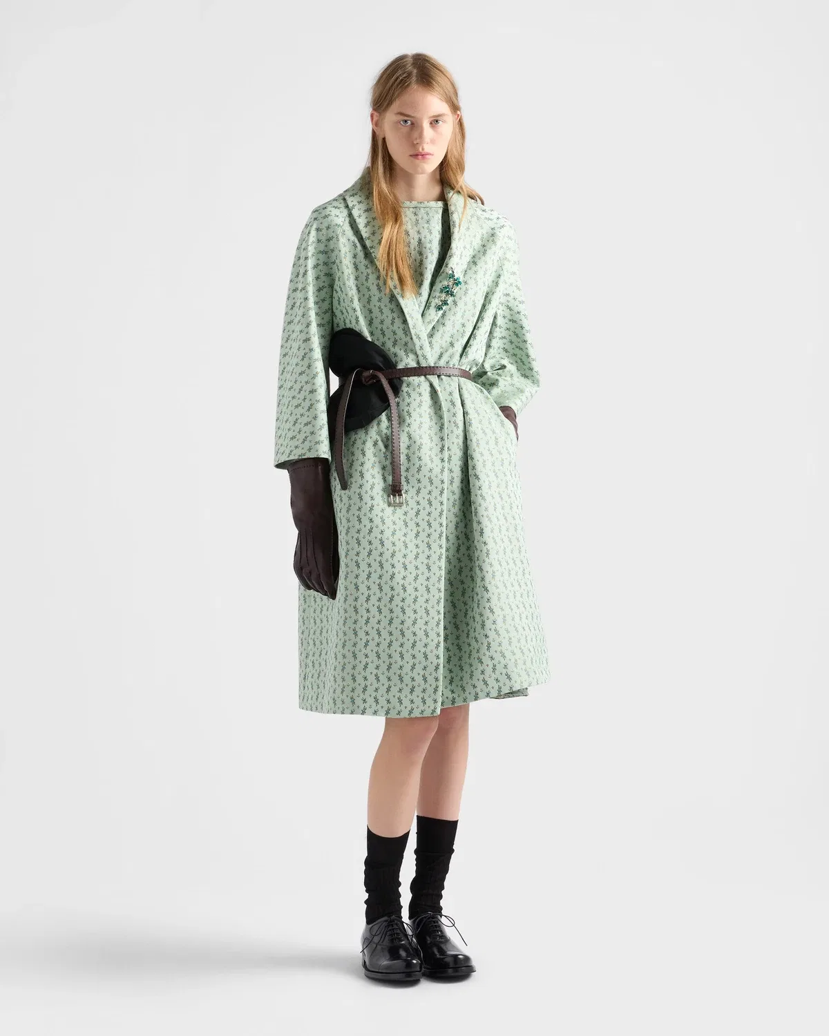 Пальто двубортное с цветочным жаккардовым узором Prada, зеленый — фото 2