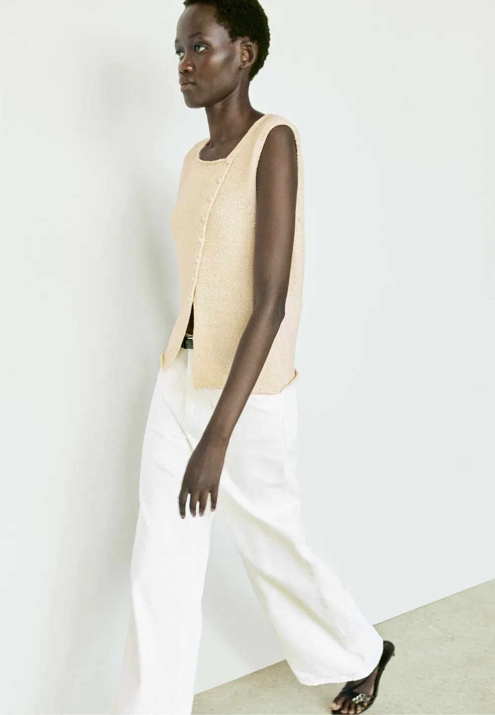 Вязаный топ из смесовой хлопковой ткани с пуговицами Massimo Dutti, White — фото 4
