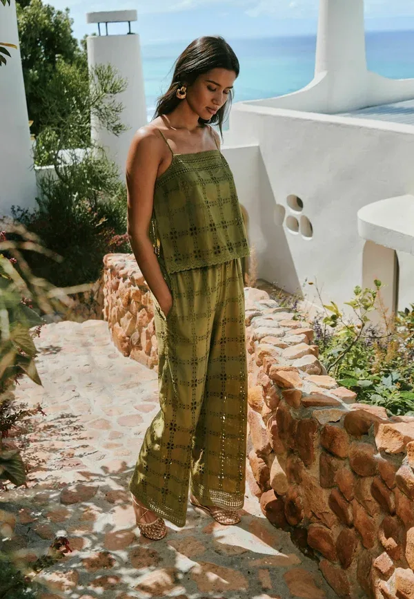 Брюки хлопковые Tall fit - broderie square wide leg trousers Next, Green, зеленый — фото 4