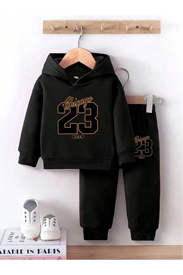 Детский спортивный костюм для девочек с принтом Printed Hooded Combination Svart Wear, Black — фото 2