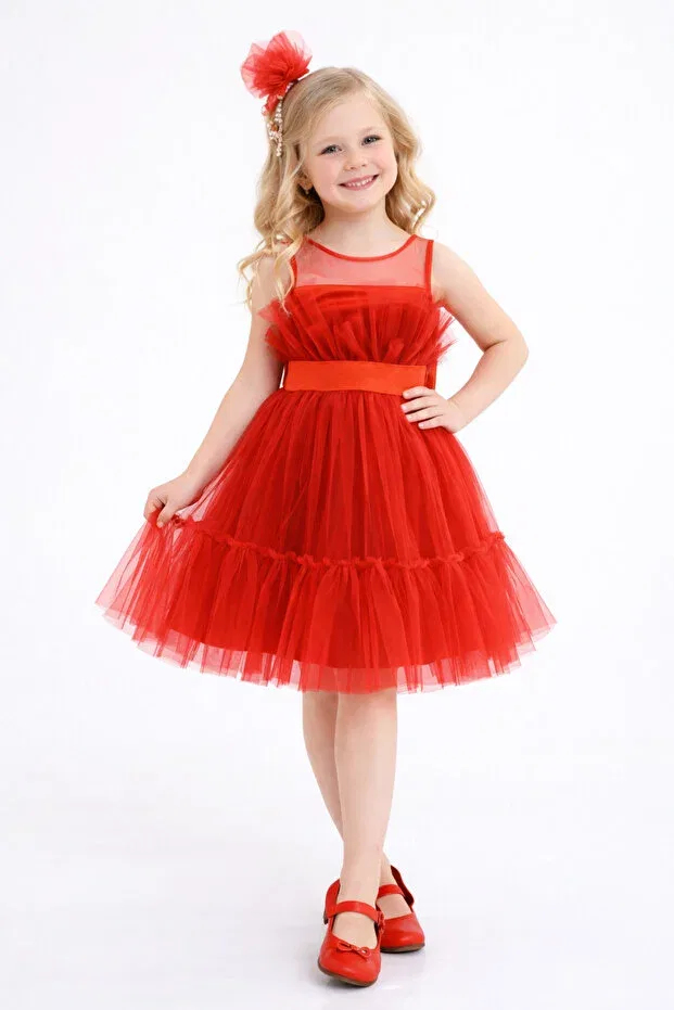 Детское платье для девочек из фатина Young Melis Çocuk, Red