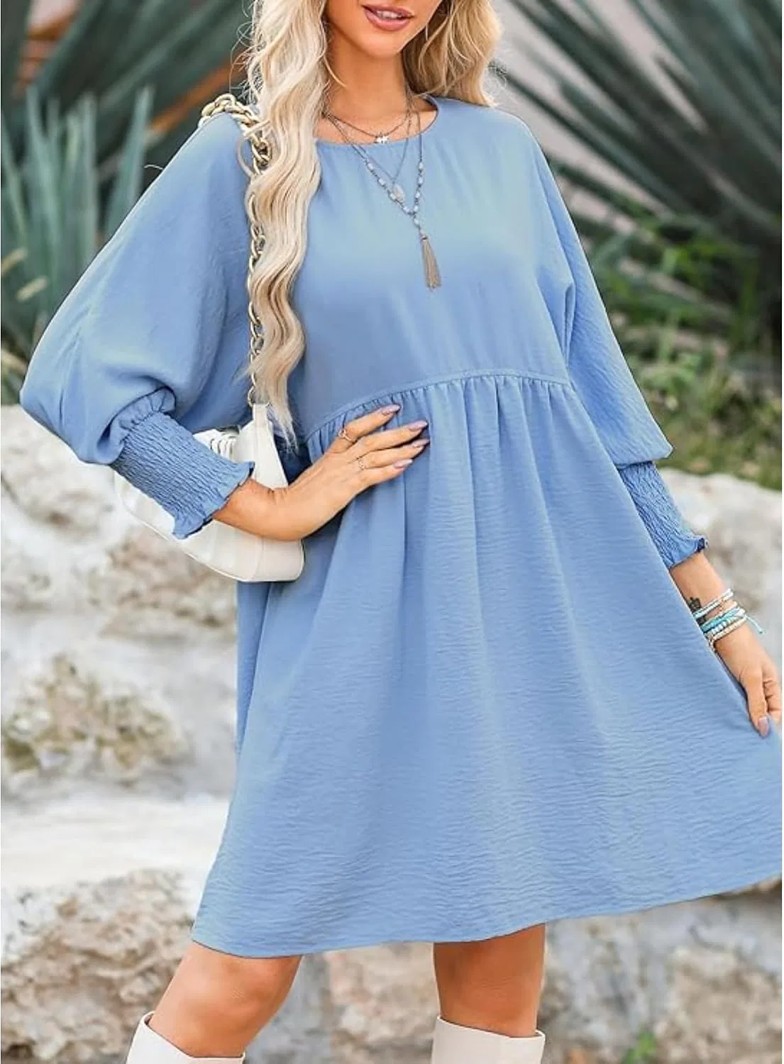 Женское мини-платье с рукавами-фонарик, Solid Crew Neck Dress, Light Blue — фото 2