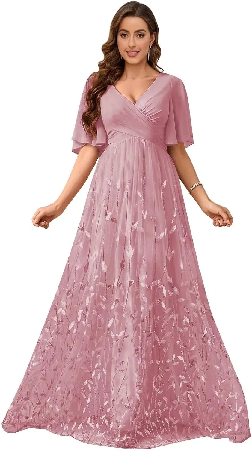 Женское вечернее платье с пайетками и листьями, LA150, Dusty Rose