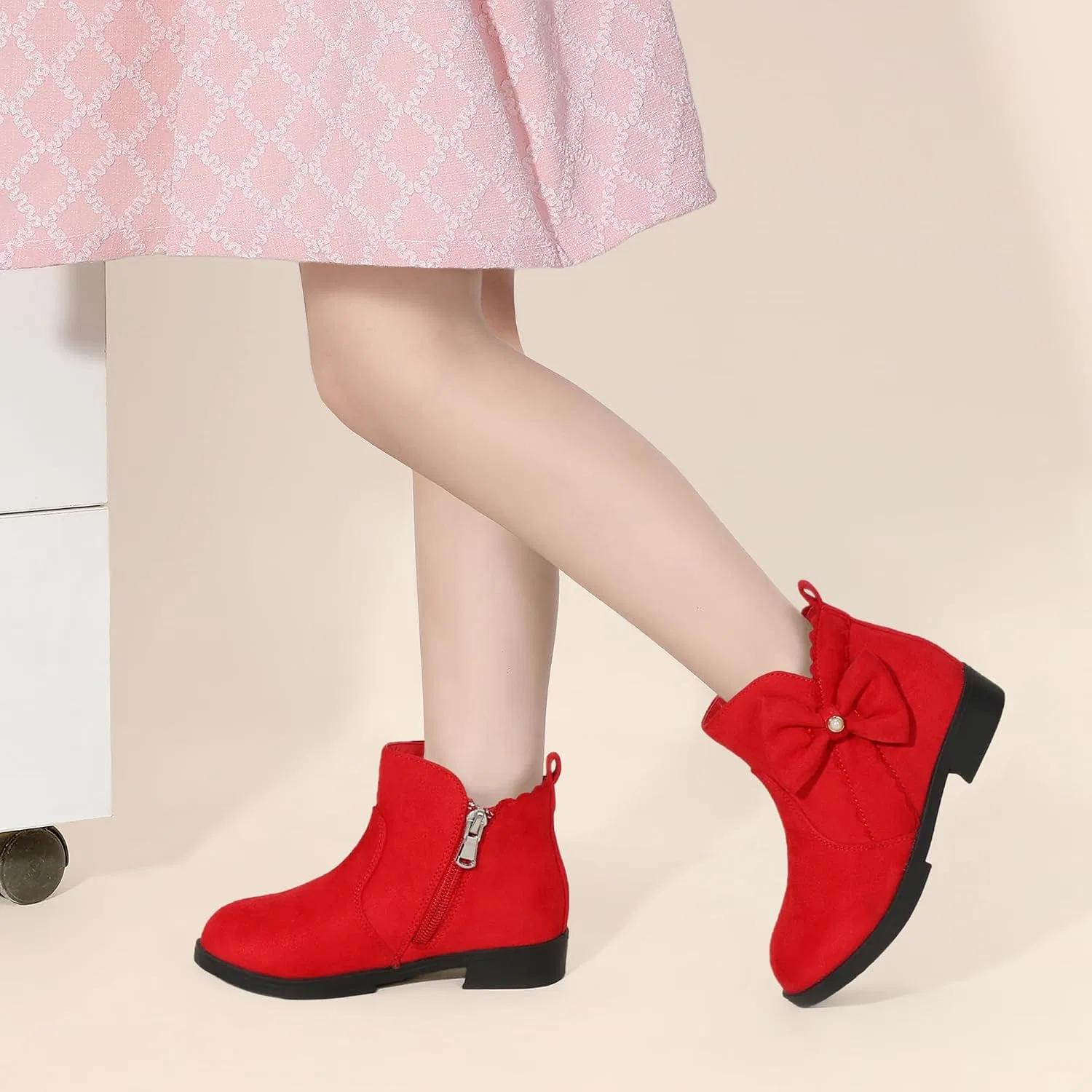 Детские ботинки для девочек Clara с жемчугом и бантом PANDANINJIA, Red Suede — фото 2