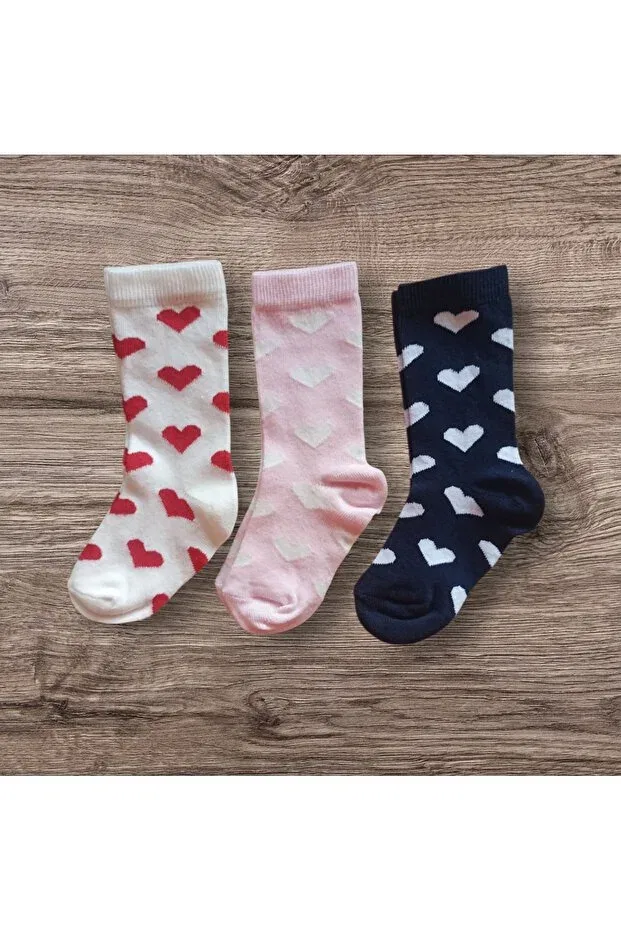 Детские гольфы для девочек с принтом Heart Patterned Panowill Design, Pembe-Ekru-Lacivert — фото 2