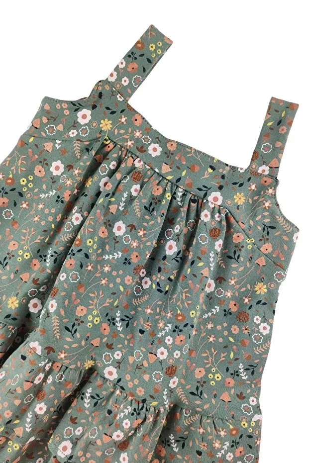 Детское платье для девочек с принтом Green Floral Ruffle Comfortable Summer Girls' Dress Difa Kids, Dark Green — фото 2