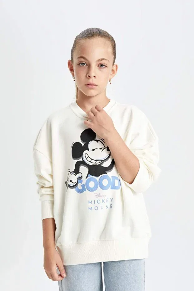 Детские свитшот для девочек оверсайз с принтом Mickey & Minnie Oversized Wide Fit Crew Neck Defacto, Ekru Er99 — фото 3