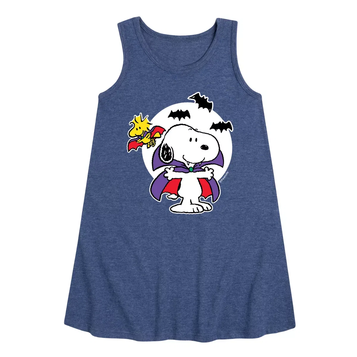 Детское платье-трапеция без рукавов с принтом Vampire Snoopy and Woodstock Peanuts, Heather Navy