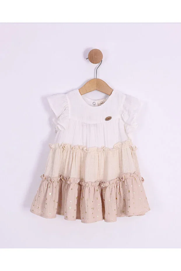 Детское платье для девочек с принтом Star Printed Ruffle Detailed Serkon Baby, Beige