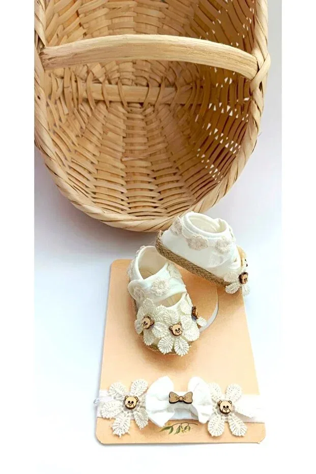 Детские пинетки с цветочным принтом и бантиками Bilge Trend, Cream — фото 3