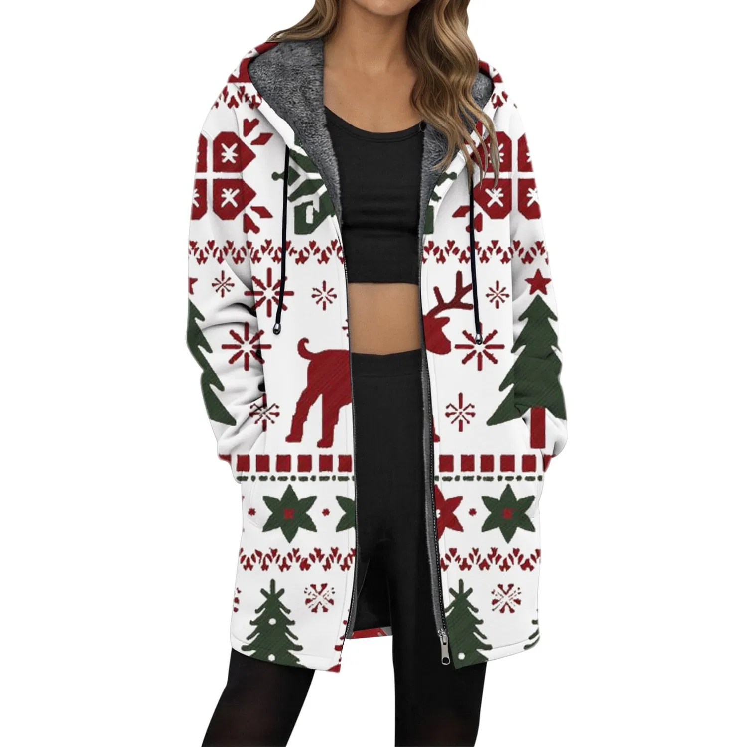Женский кардиган с принтом 2025 Cardigan natalizio da donna caldo- Felpa con cappuccio a maniche lunghe a maniche lunghe casual ampia con cerniera lampo giacca chic ed elegante rigolo stampata midi cappotti autunno inverno, bianco