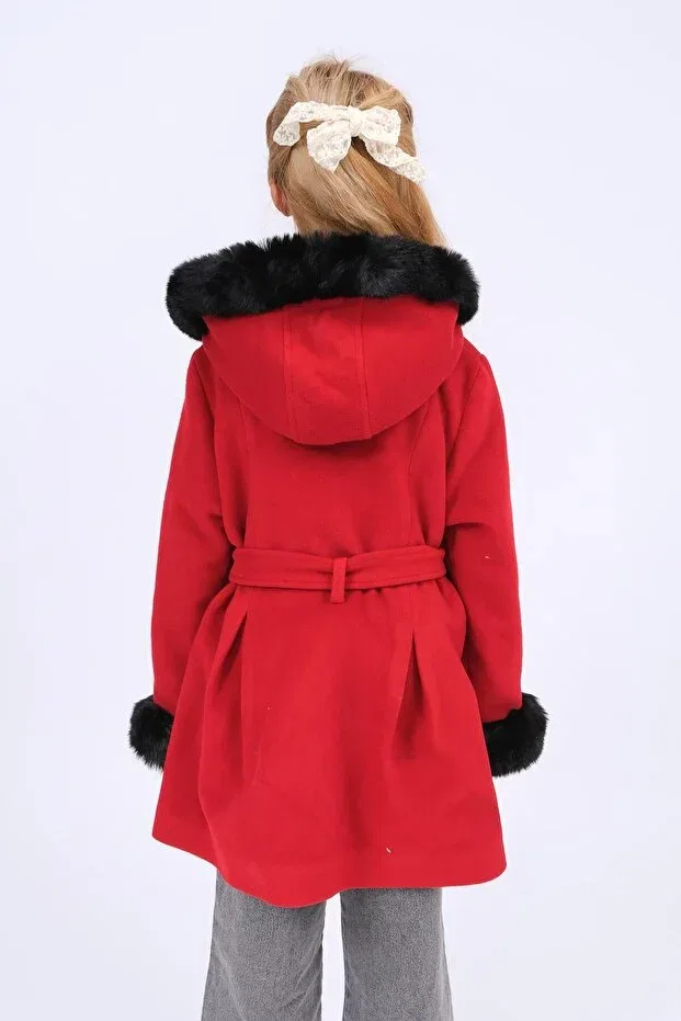 Детское пальто для девочек с капюшоном Fur Detailed Hooded Belted Cashmere Coat Perendi, Red — фото 4
