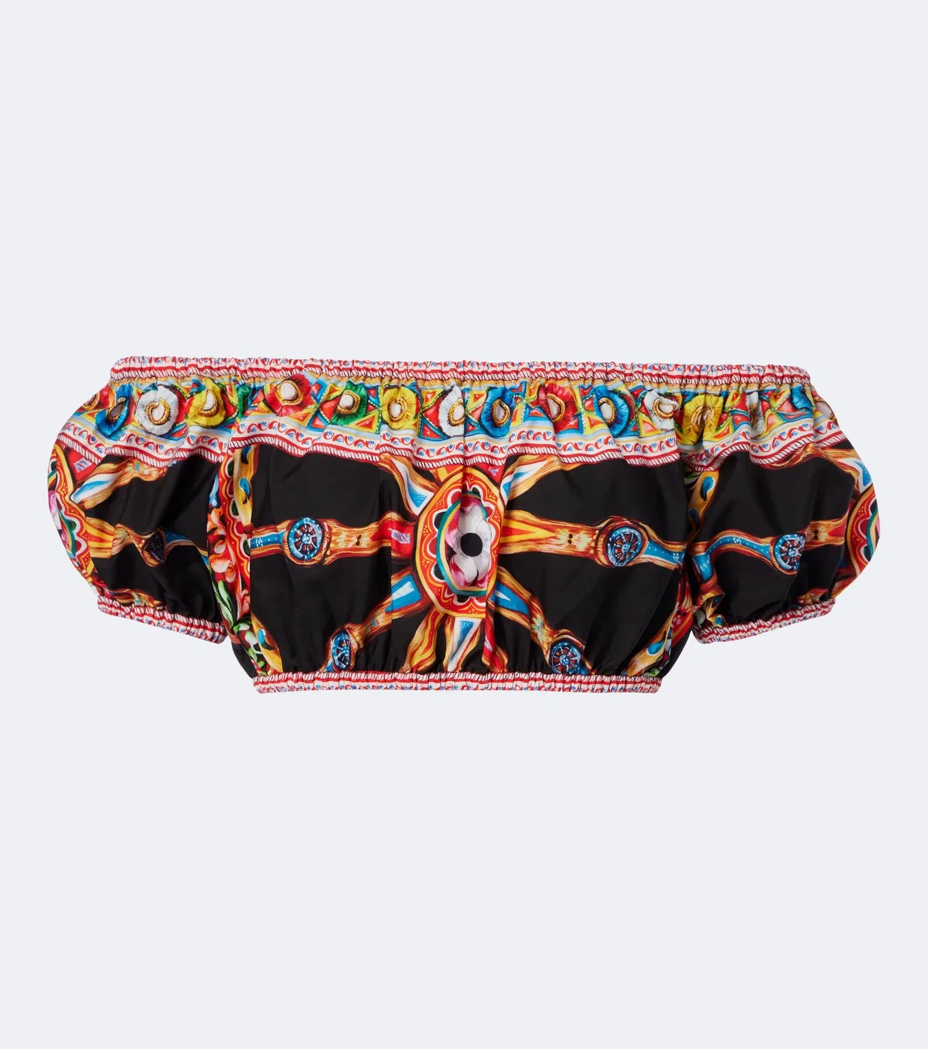 Хлопковый укороченный топ с открытыми плечами и принтом Dolce & Gabbana, мультиколор