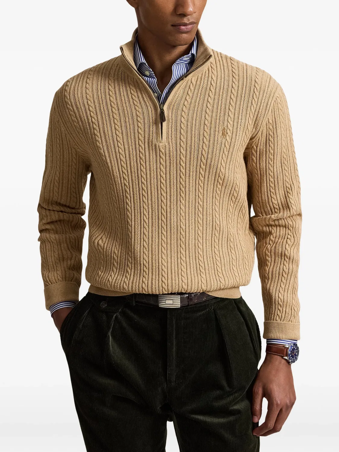 Хлопковый свитер с частичной молнией бежевый Polo Ralph Lauren, нейтральные — фото 4