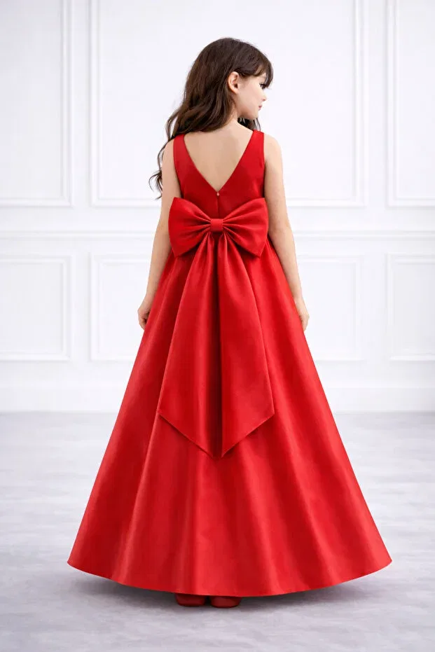 Детское платье для девочек с принтом Satin flower girl dress with pearls at waist and bow round neckline Madyabutik, Red — фото 2