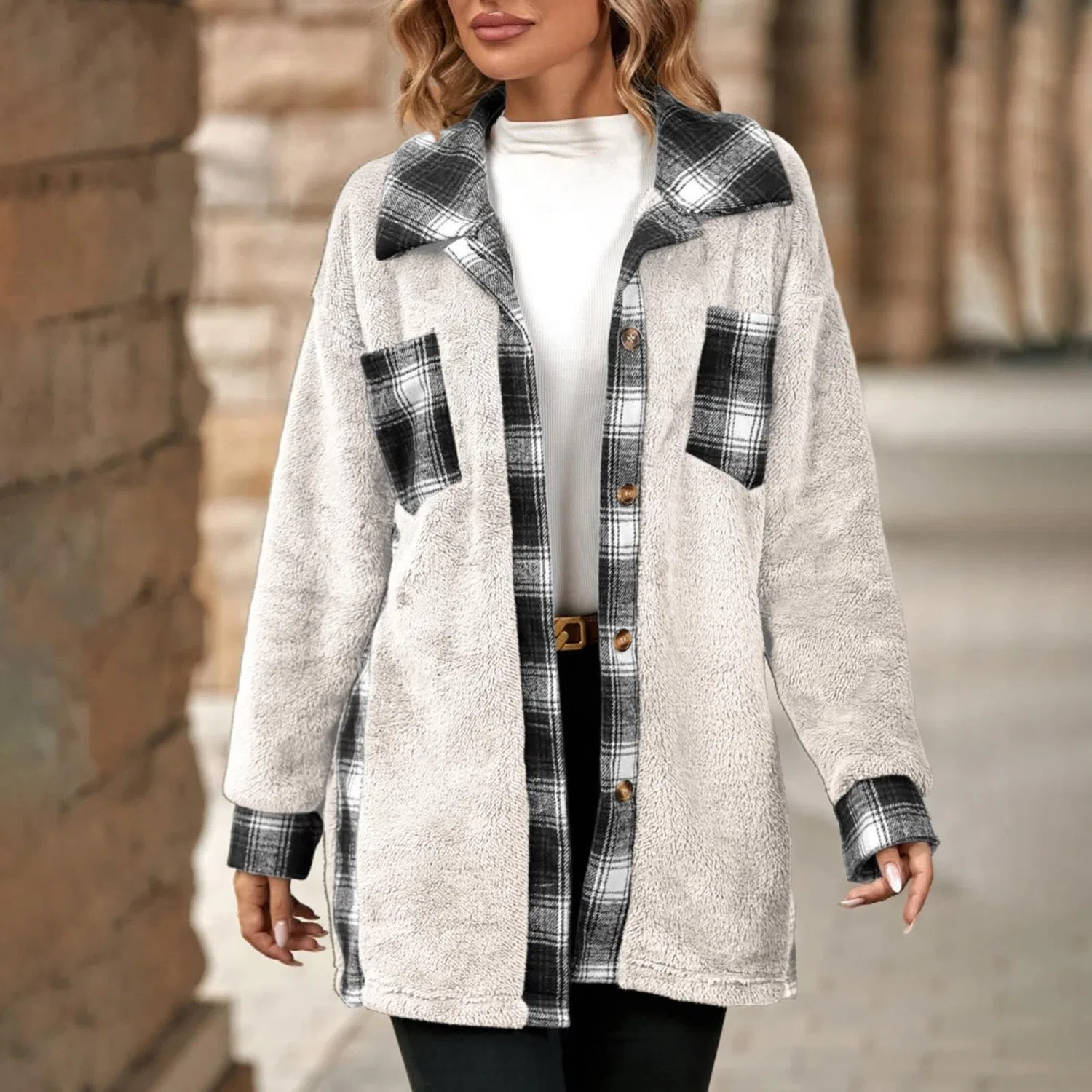 Женское шотландское пальто с лацканами, однобортное, из флиса, модель Scottish Short Jacket, White — фото 4