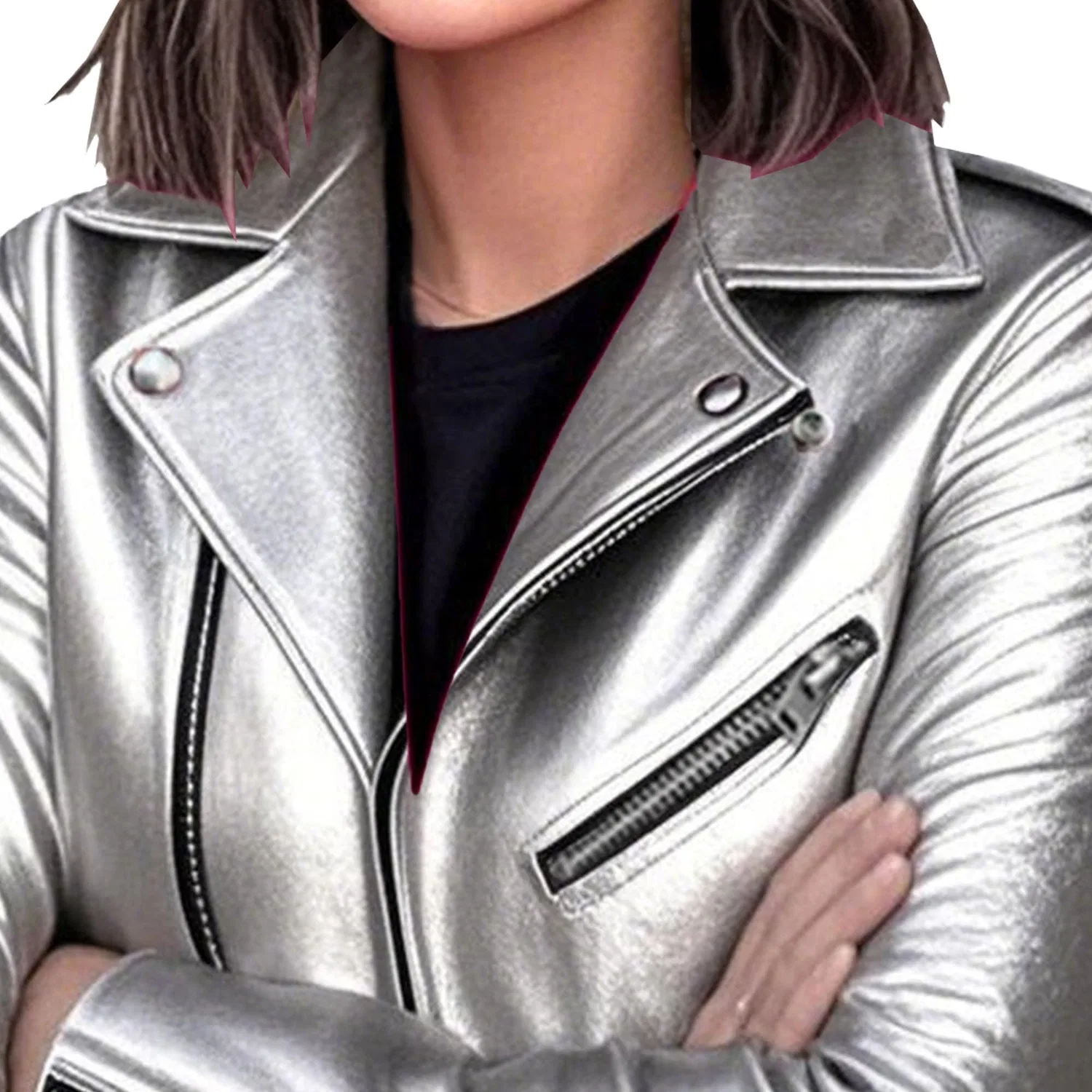 Женская куртка-косуха из экокожи с молнией, Grey/Silver — фото 3