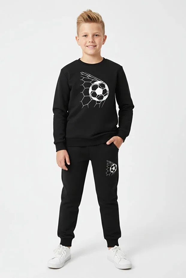 Детский комплект свитшота и брюк для мальчиков с принтом 3 thread thick sh fleece-lined crew neck football mesh print detailed boys' tracksuit set Ya Ko Kids, Black — фото 2