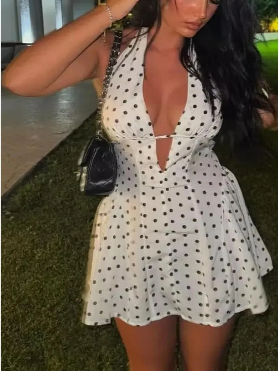 Женское мини-платье с горошком и глубоким декольте, French Retro Polka Dot, White — фото 4