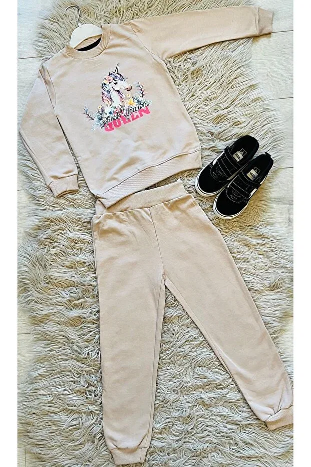 Детский спортивный костюм для девочек с принтом Unicorn Seasonal 2 Thread Enes Baby, Soil