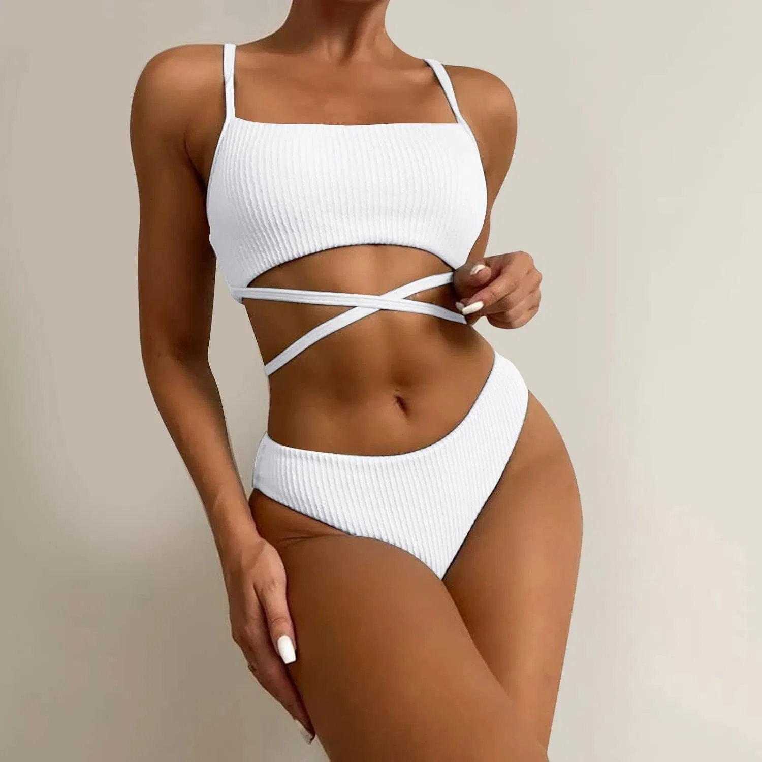 Женский бикини-комплект с перекрестными лямками Spaghetti Straps, White — фото 2
