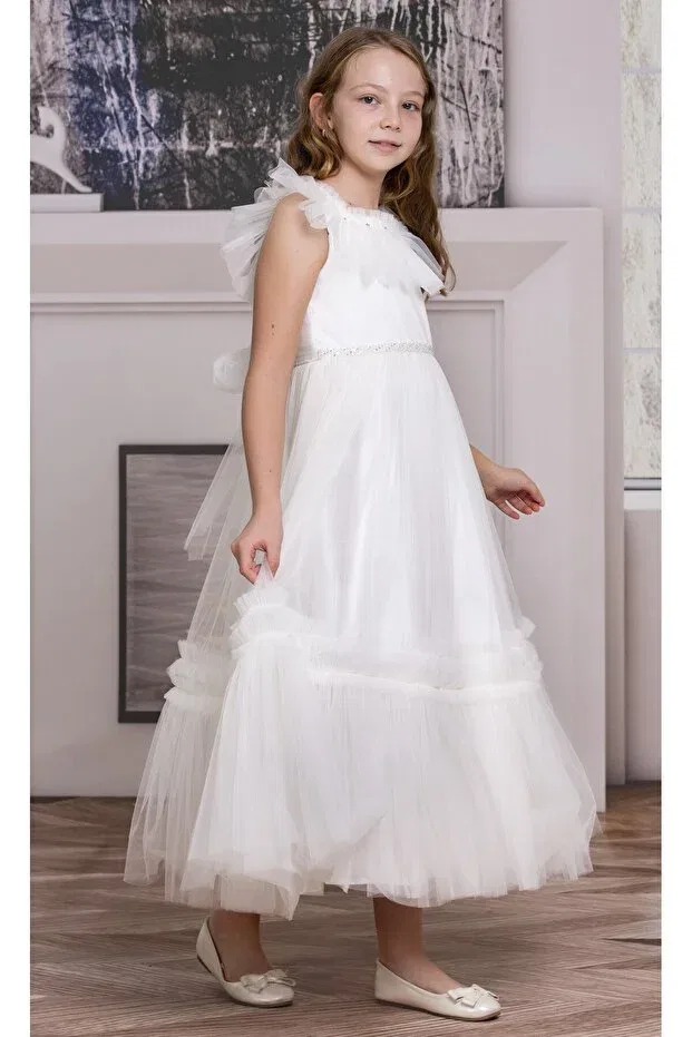 Детское платье из фатина с длинным рукавом Süslü Pink Kids, White — фото 3