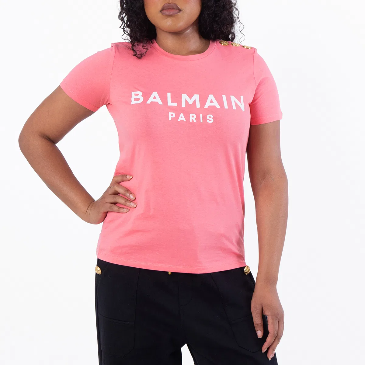 Футболка с круглым вырезом и принтом Logo Printed Crewneck Balmain, Oco Rose Saumon/White