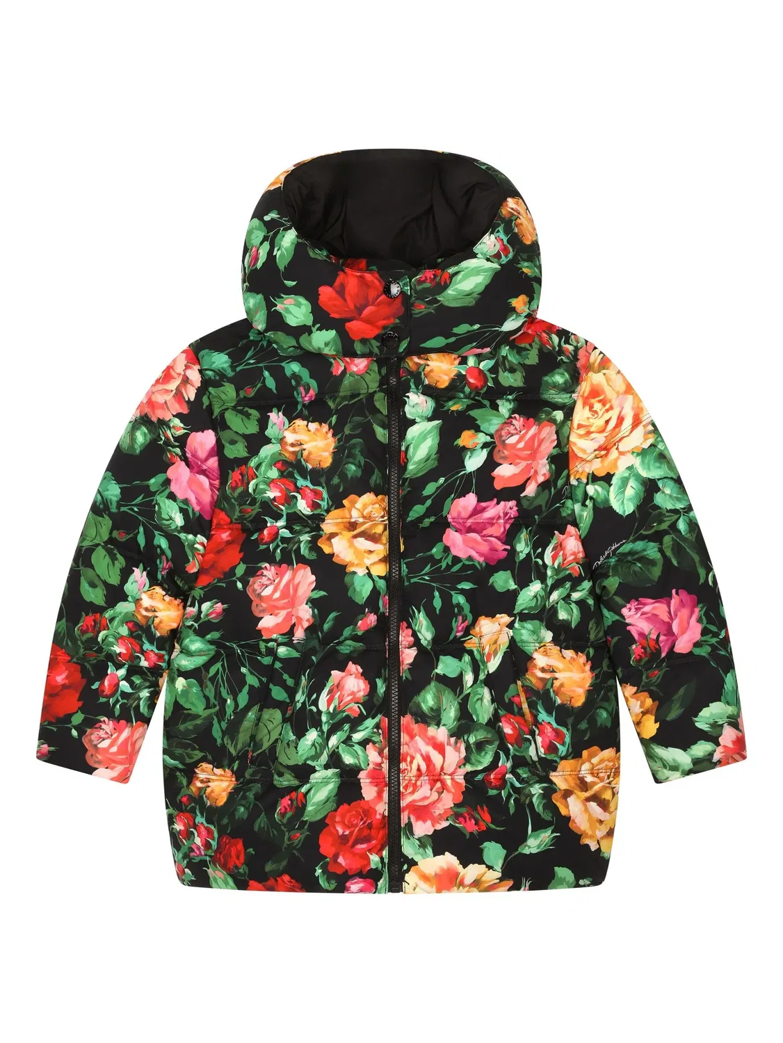 Детская стеганая куртка с капюшоном, принт с розами Dolce & Gabbana, черный