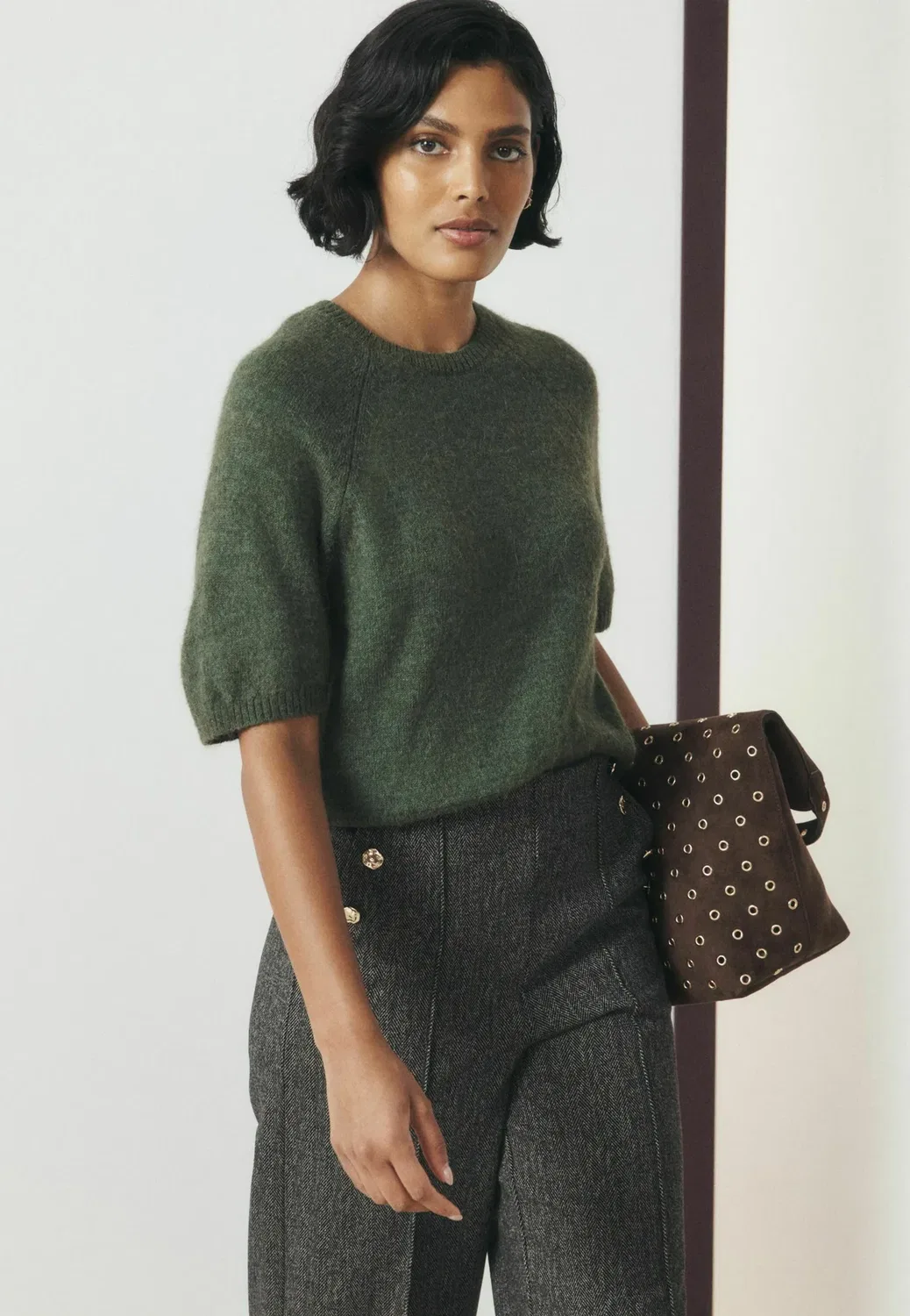 Вязаный джемпер с коротким рукавом - базовая футболка Next, Khaki Green