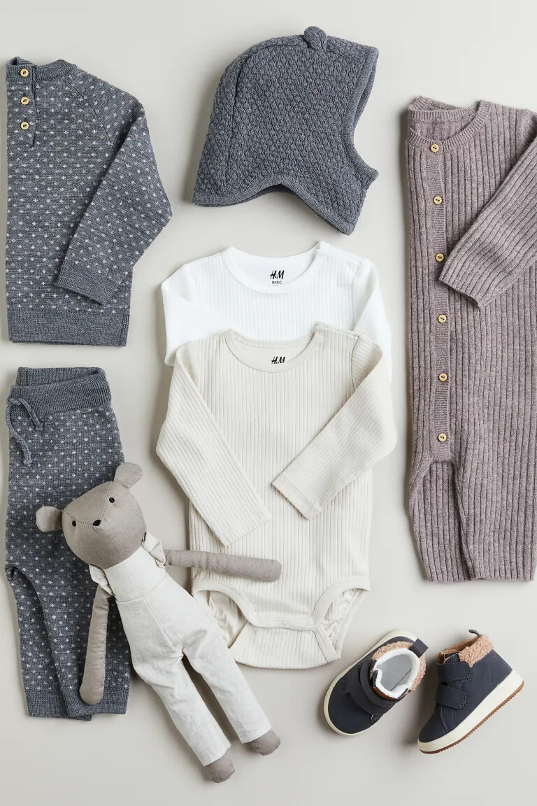 Комплект из 3 боди в рубчик H&M, серый/светло-бежевый — фото 3