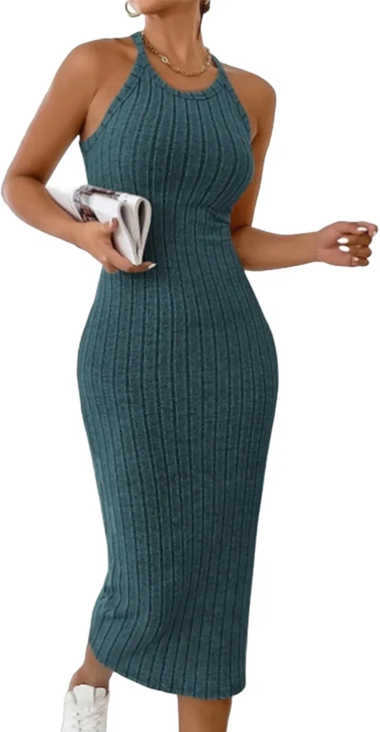 Женское вязаное платье-халтер с глубоким V-вырезом bodycon, Dark Blue