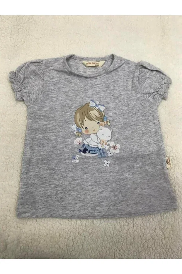 Детская футболка с принтом Damla t-shirt girl with cat Mini, Gray