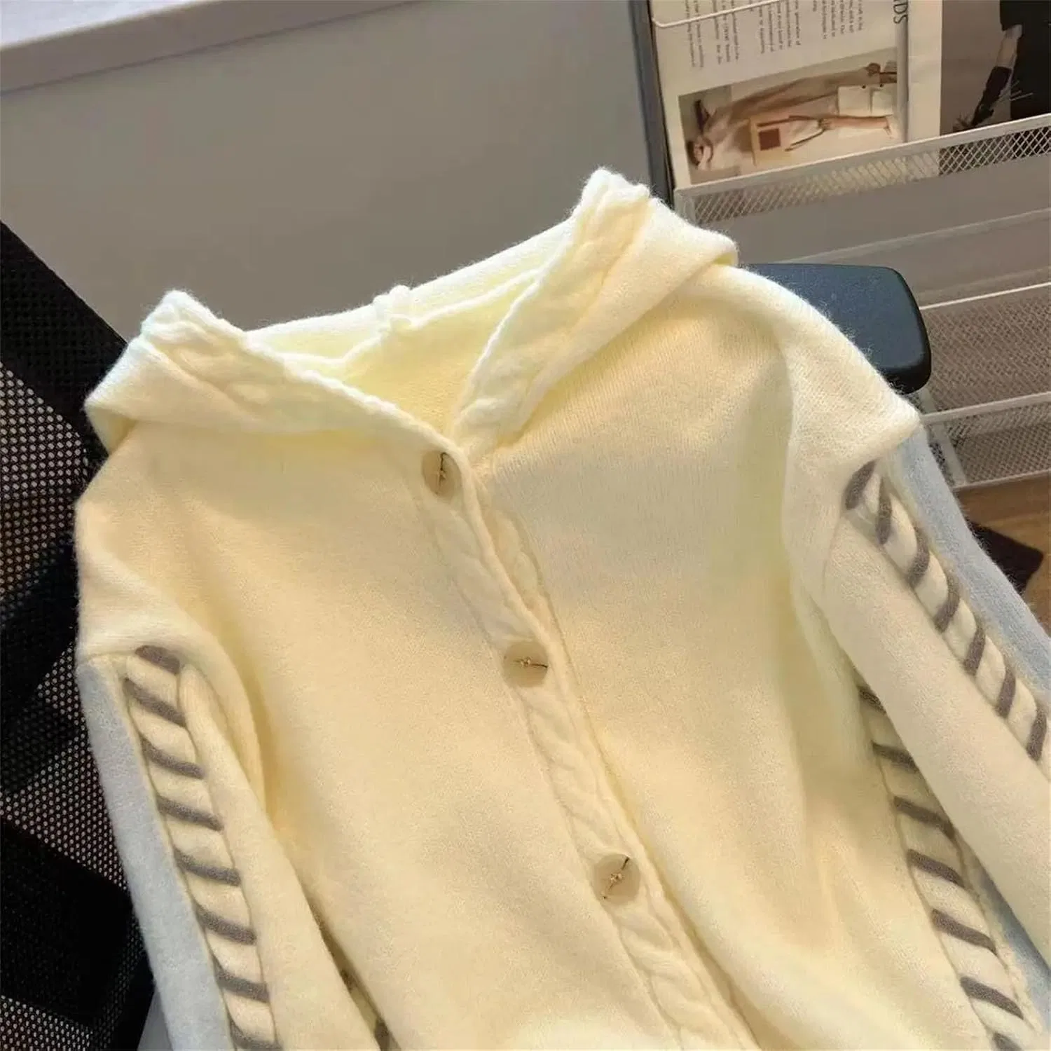 Женский капюшонный кардиган свободного кроя с длинным рукавом, Vintage, абрикосовый — фото 4