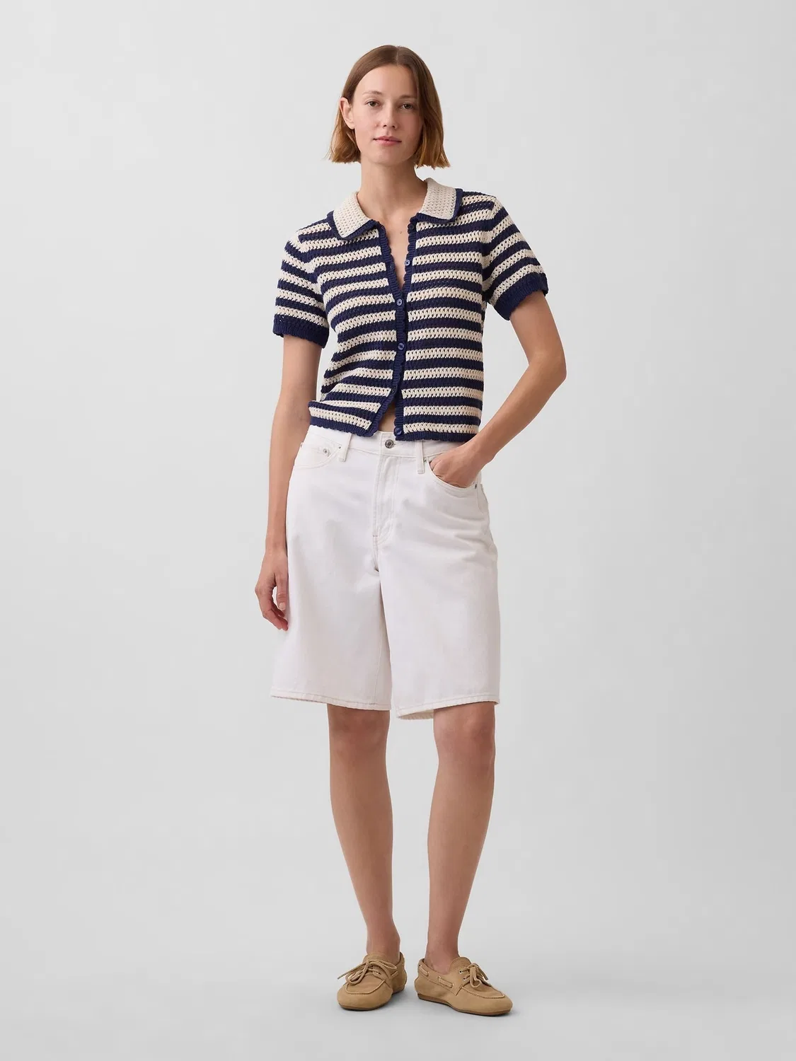 Рубашка хлопковая вязаная Gap, Navy Stripe — фото 3