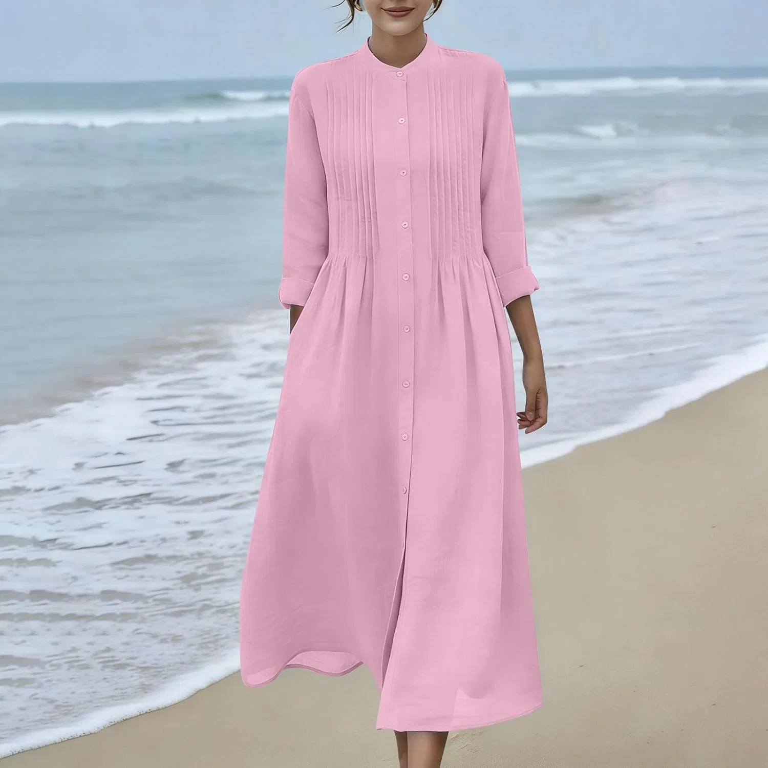 Женское летнее льняное платье миди с пуговицами, Pink — фото 2