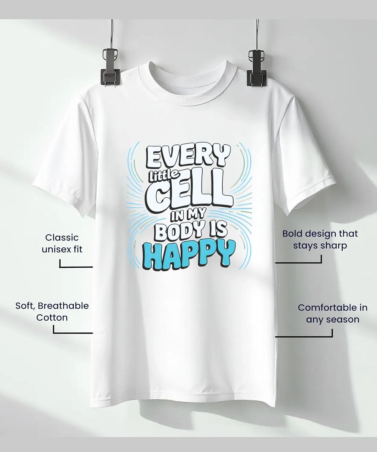 Мужская футболка с принтом Every Little Cell in My Body is Happy, серый/синий — фото 3