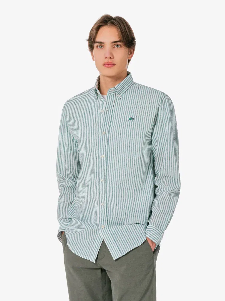 Рубашка с длинным рукавом, льняная смесовая LACOSTE, Green — фото 4