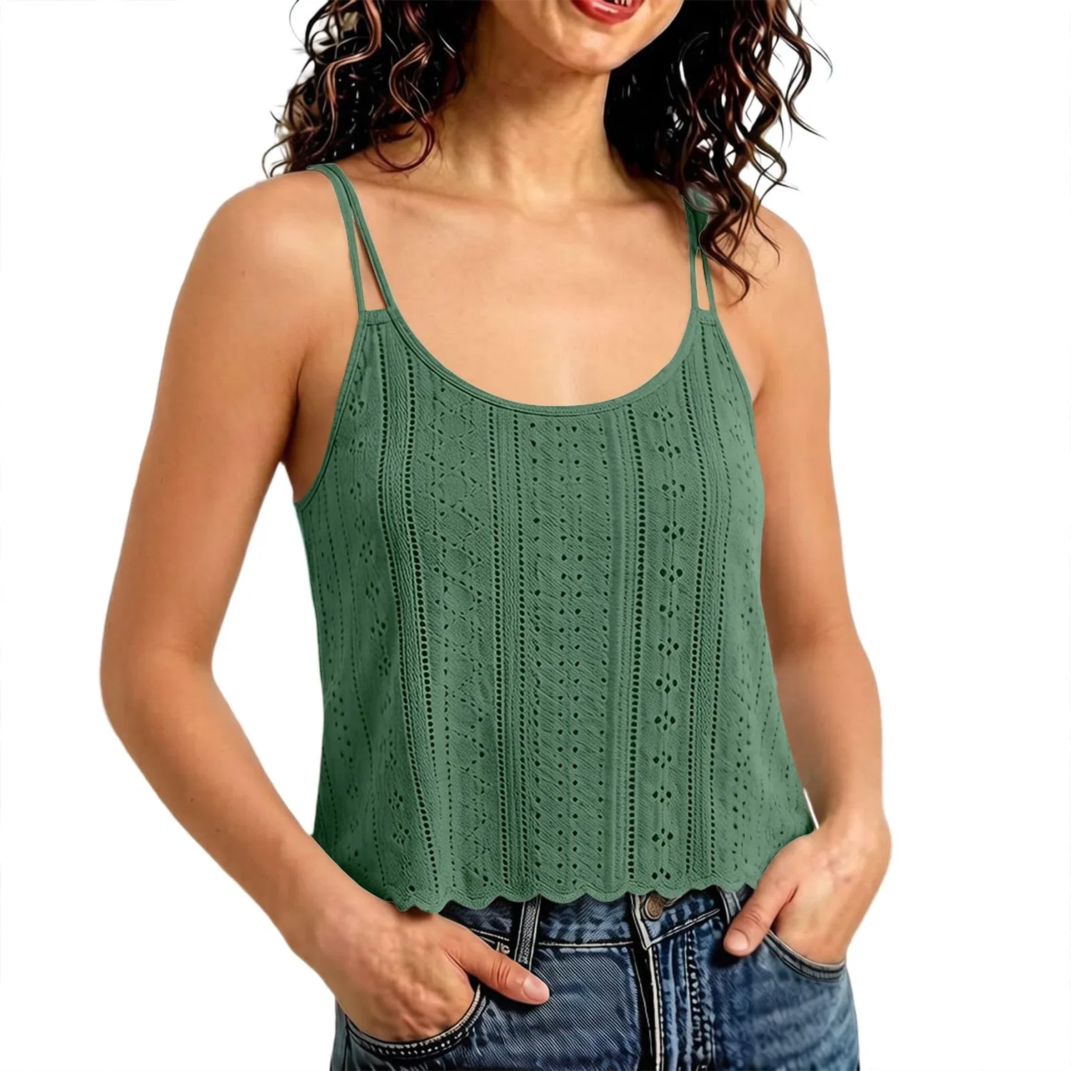 Женская майка на тонких бретелях с вышивкой и ажурным краем, Blackish Green 1
