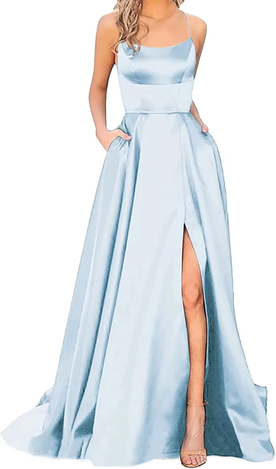 Женское вечернее платье на бретелях Satin Prom, Light Blue