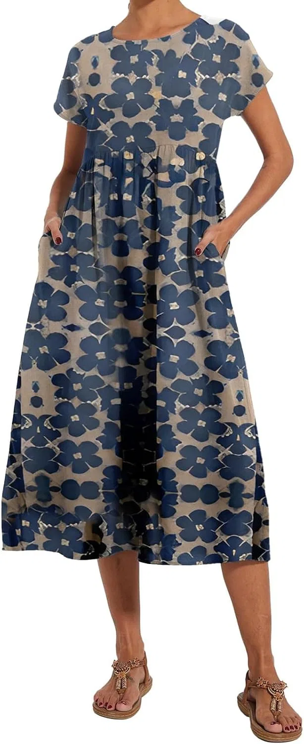 Женское свободное платье-туника миди с карманами Cotton Linen, Blue