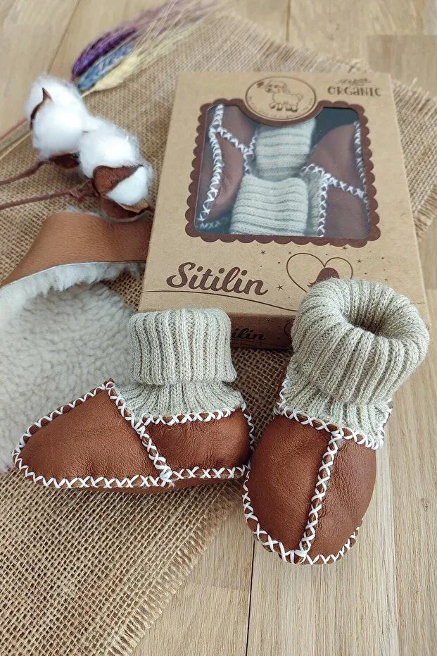 Детские пинетки из натуральной кожи с шерстью Sitilin, Brown — фото 4
