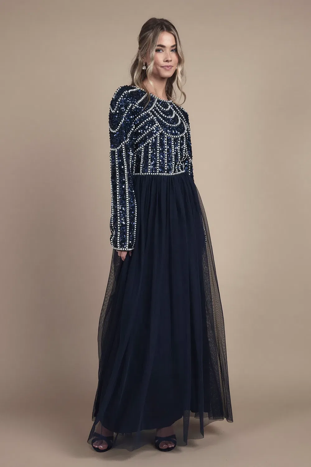 Детское платье для девочек с жемчугом на лифе Teen Pearl Embellished Bodice Bridesmaid Tulle Skirt Coast, Navy — фото 4