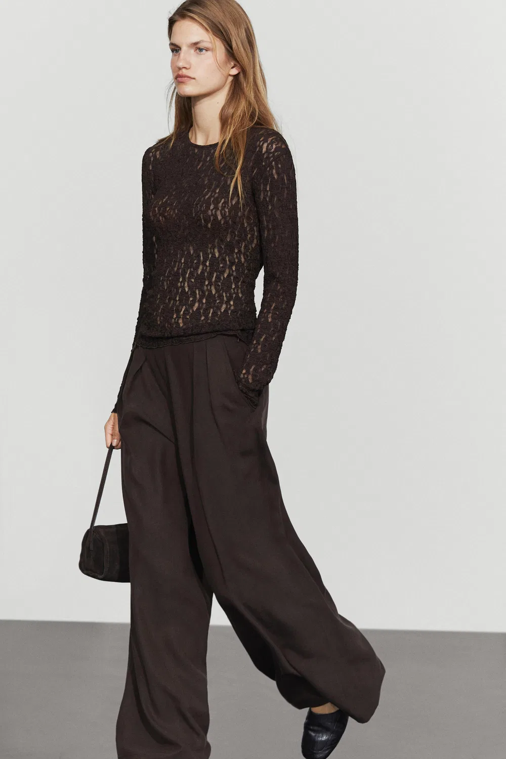 Лонгслив Massimo Dutti Lace Detail, коричневый — фото 3