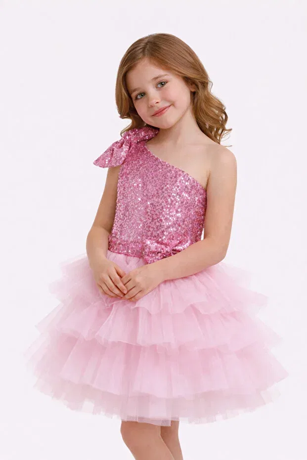 Детское платье для девочек с пайетками One-Shoulder Sequined Bow Tutu Evening Dress Babysmile, Pink